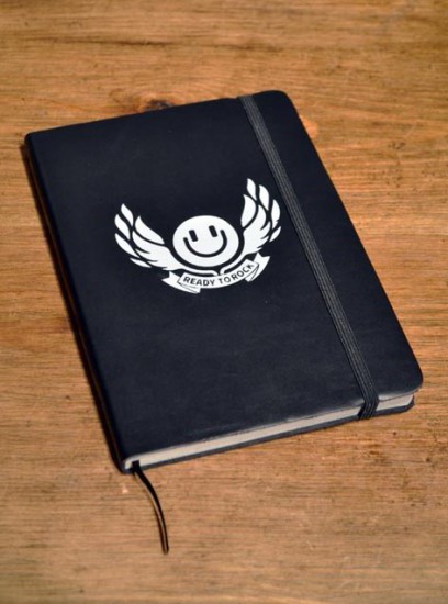 customizable notebooks with leather cover and white foiled logo manufatcured in bulk by Book Block