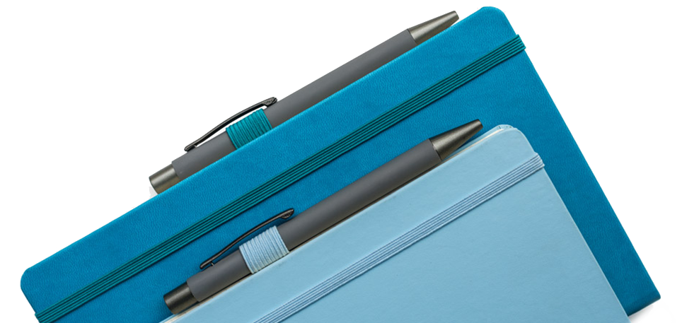 Blue notebooks with elastic pen loops holding soft touch black pens