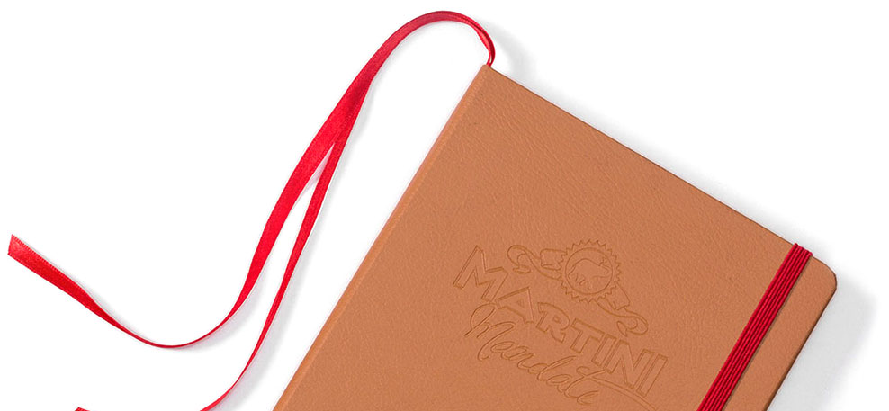 Martini Mandate Brown Faux leather journal with red elastic band and bookmark ribbons