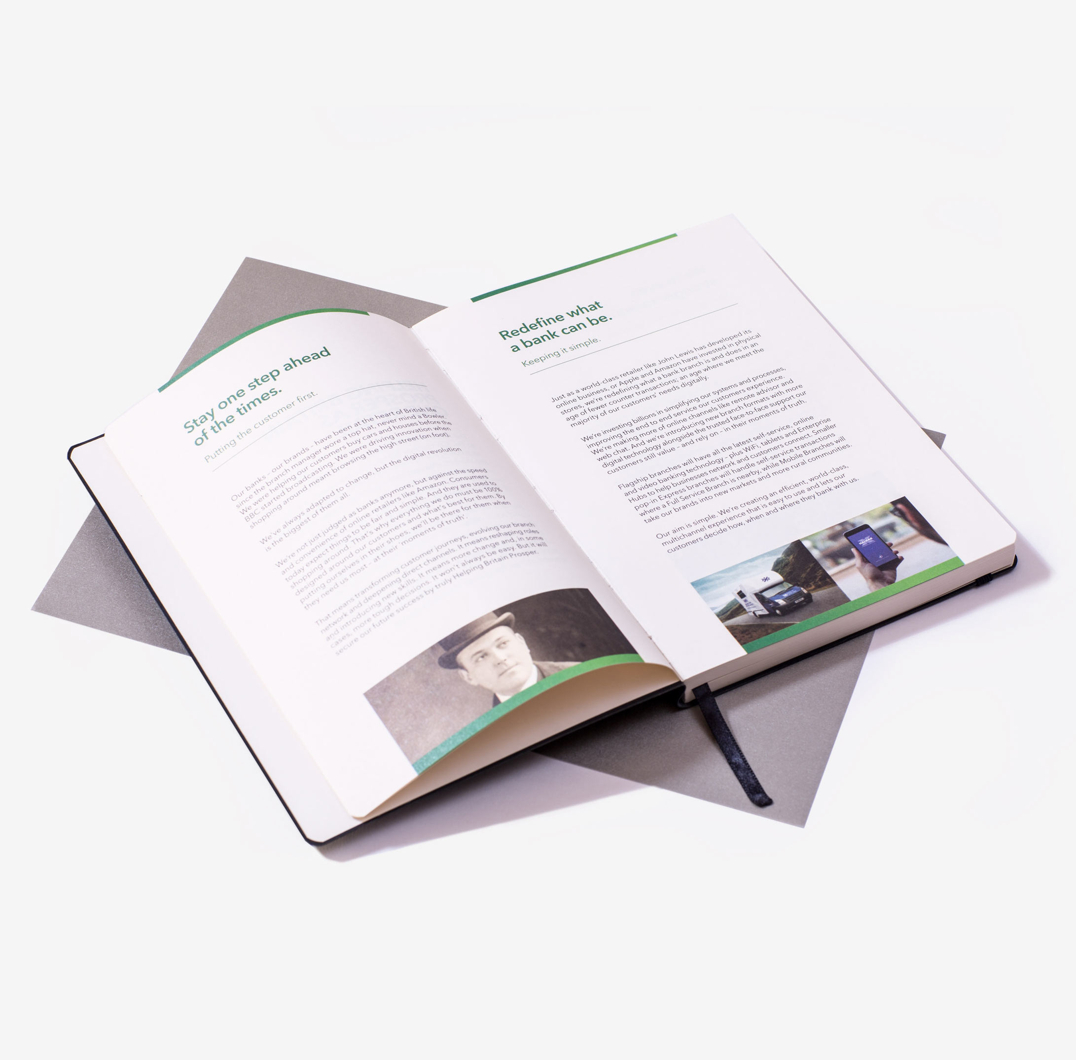 Open book with a full colour printed spread