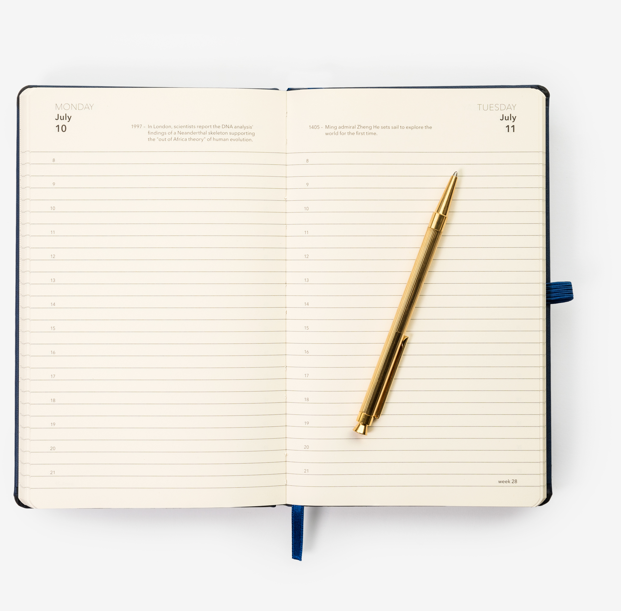 Stock-diary-inside-page-2 Open flat daily diary with gold meatl pen