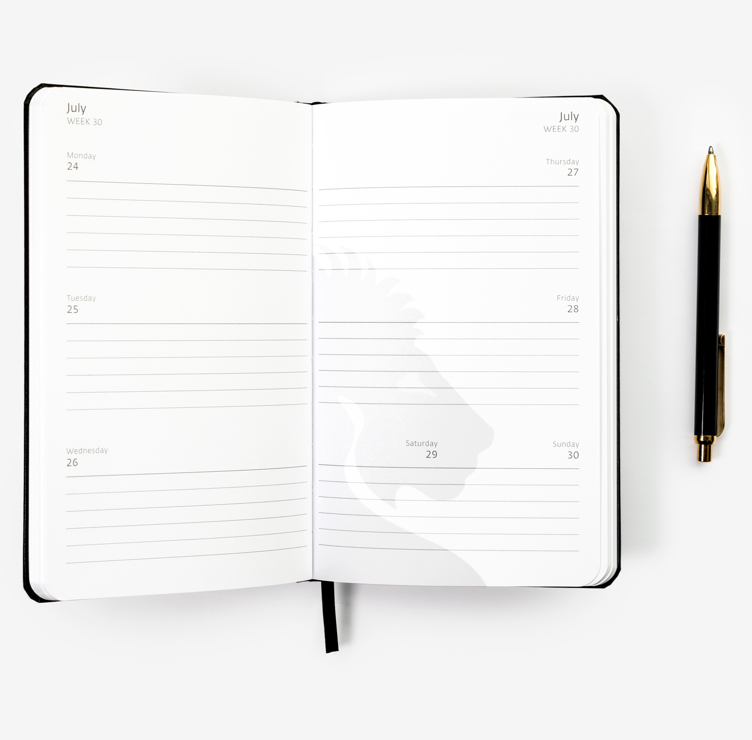 Custom printed pages of a weekly diary and a pen