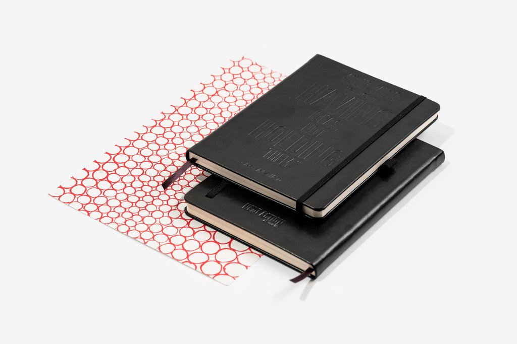 Set of two bonded leather black notebooks with embossed logo manufactured by Bookblock