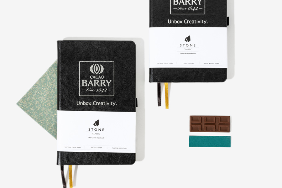 Cacao Barry branded stone journal notebook with silver foiling