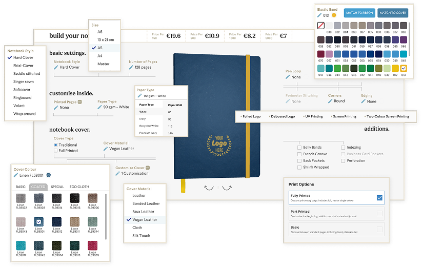 The bookblock notebook builder used for live price preview and custom built journals The bookblock notebook builder used for live price preview and custom built journals