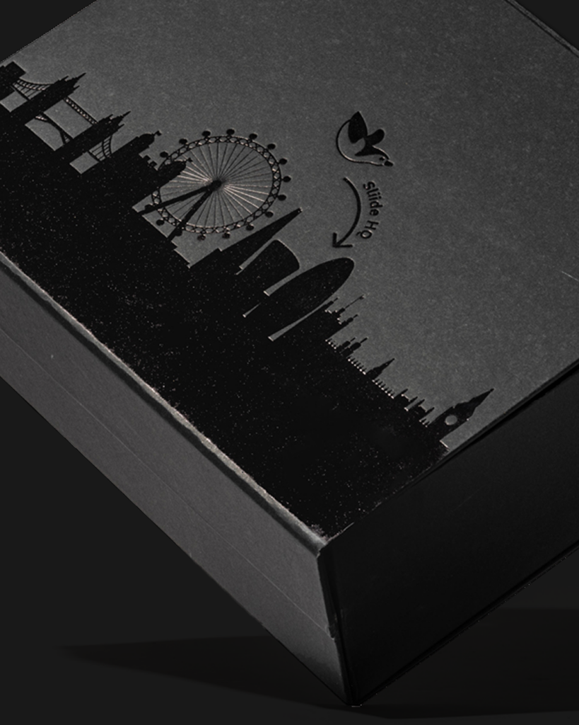 bespoke paper overboard black card gift box with matte finish and spot UV gloss design printed on the cover